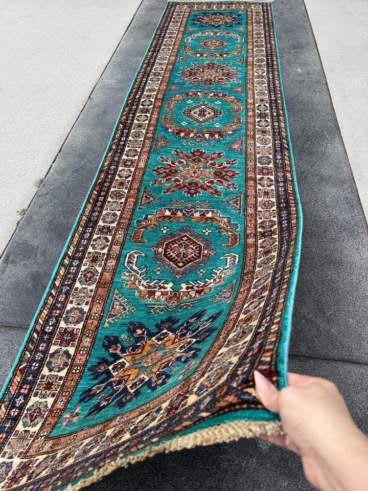 3x11 Handmade Afghan Wool Runner Rug | Teal Kazak Style Runner Rug | Tribal Hallway Runner