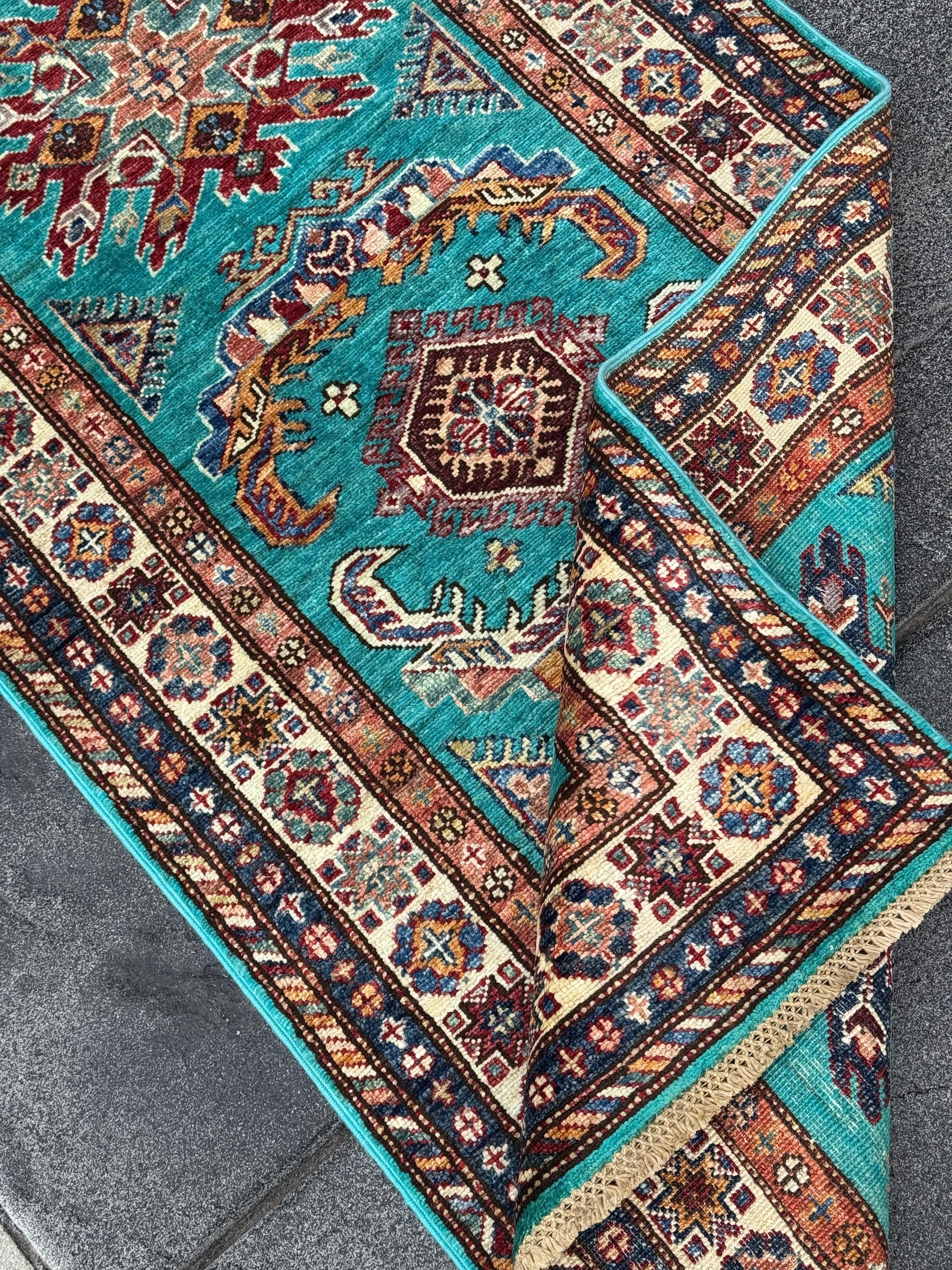 3x11 Handmade Afghan Wool Runner Rug | Teal Kazak Style Runner Rug | Tribal Hallway Runner