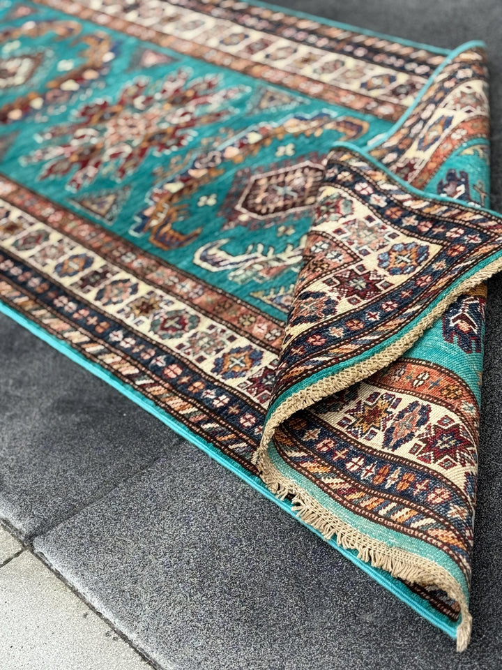 3x11 Handmade Afghan Wool Runner Rug | Teal Kazak Style Runner Rug | Tribal Hallway Runner