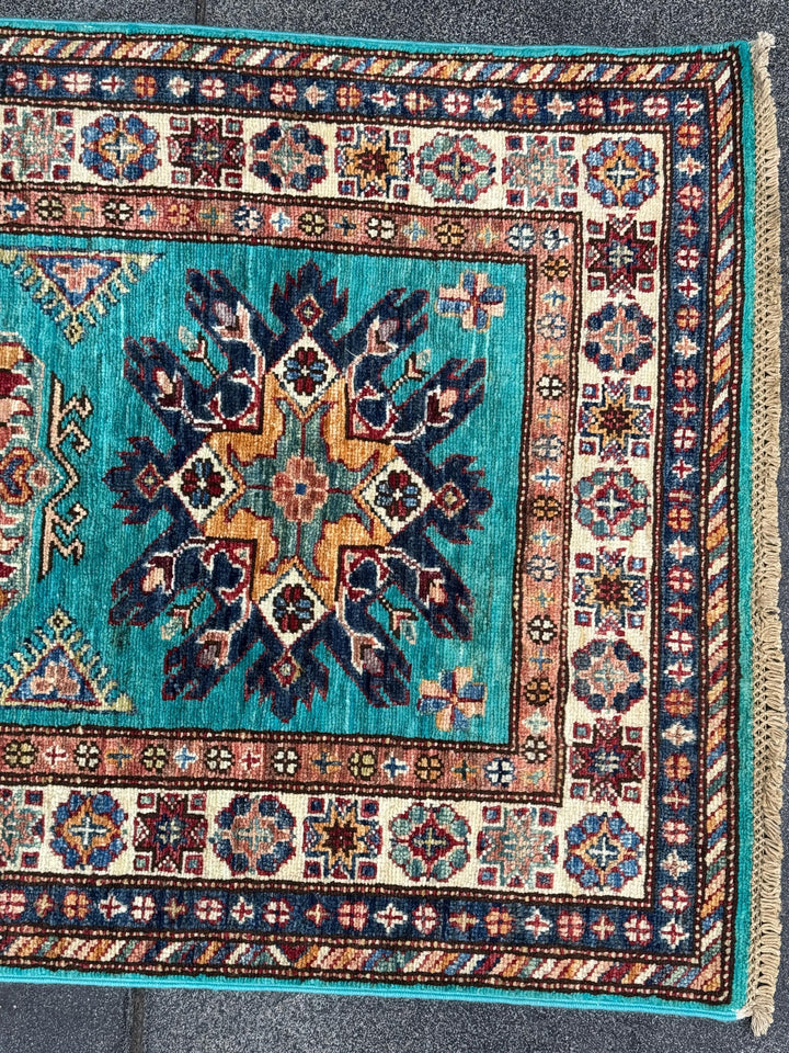 3x11 Handmade Afghan Wool Runner Rug | Teal Kazak Style Runner Rug | Tribal Hallway Runner