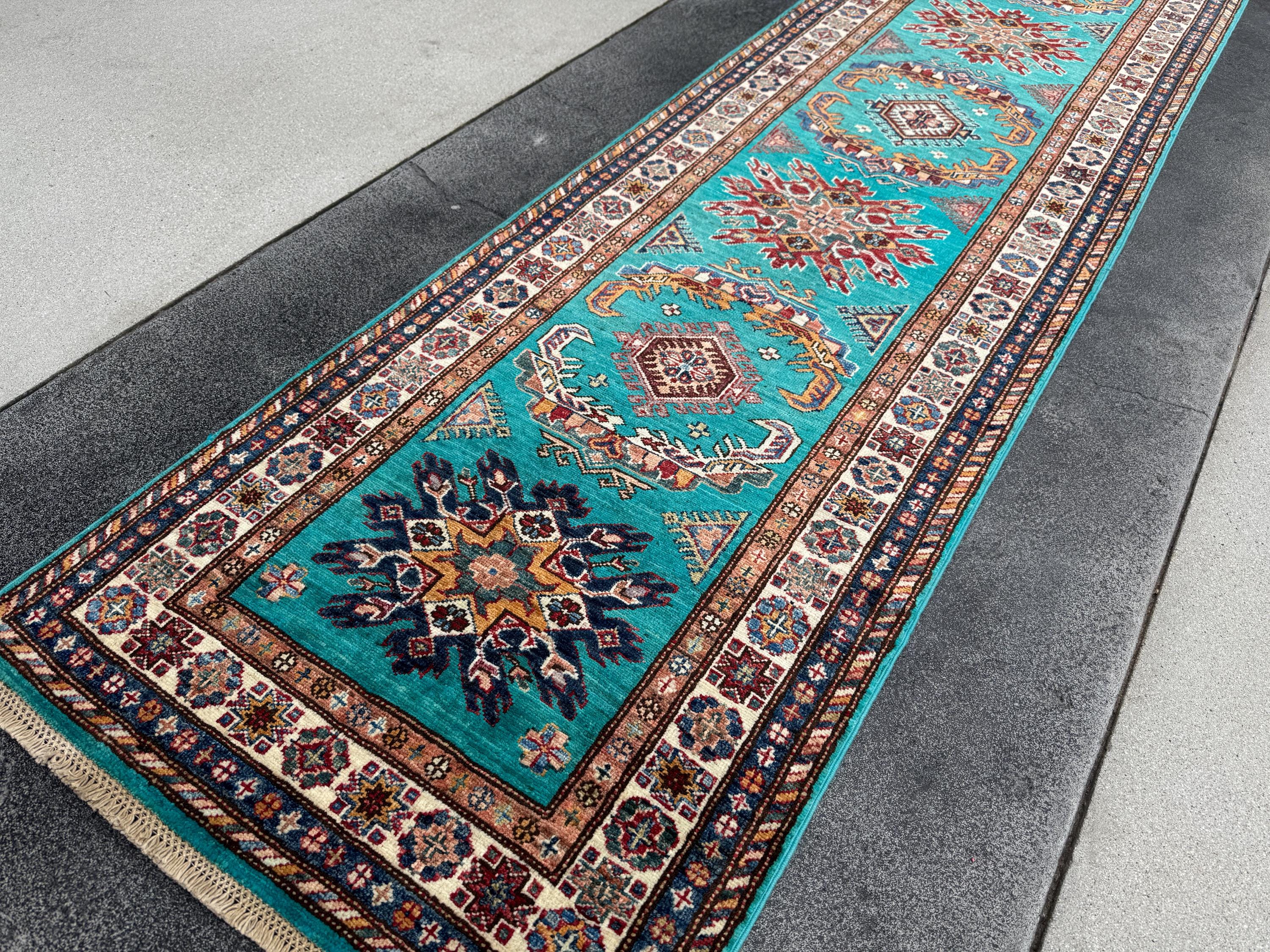 3x11 Handmade Afghan Wool Runner Rug | Teal Kazak Style Runner Rug | Tribal Hallway Runner