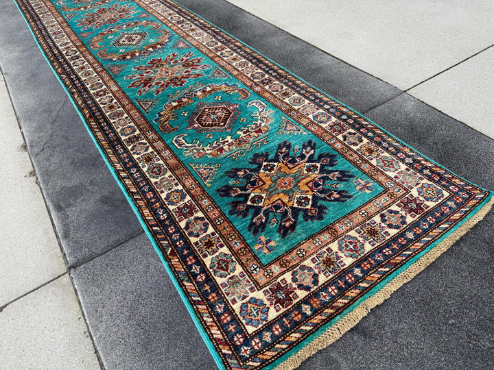 3x11 Handmade Afghan Wool Runner Rug | Teal Kazak Style Runner Rug | Tribal Hallway Runner