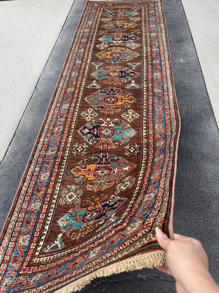 3x10 Handmade Afghan Wool Runner | Brown Kazak Style Knotted Runner Rug | Tribal Hallway Runner