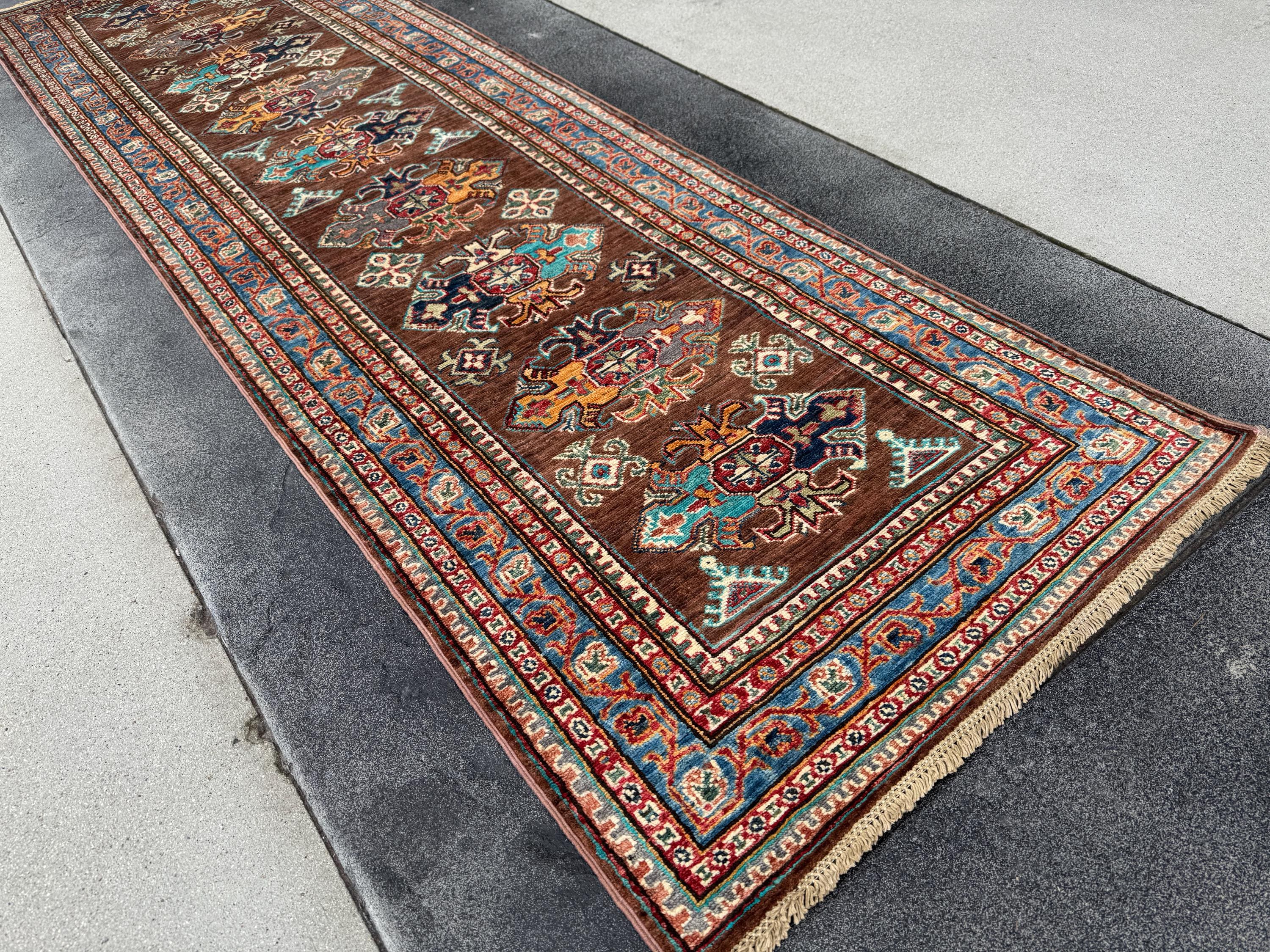 3x10 Handmade Afghan Wool Runner | Brown Kazak Style Knotted Runner Rug | Tribal Hallway Runner