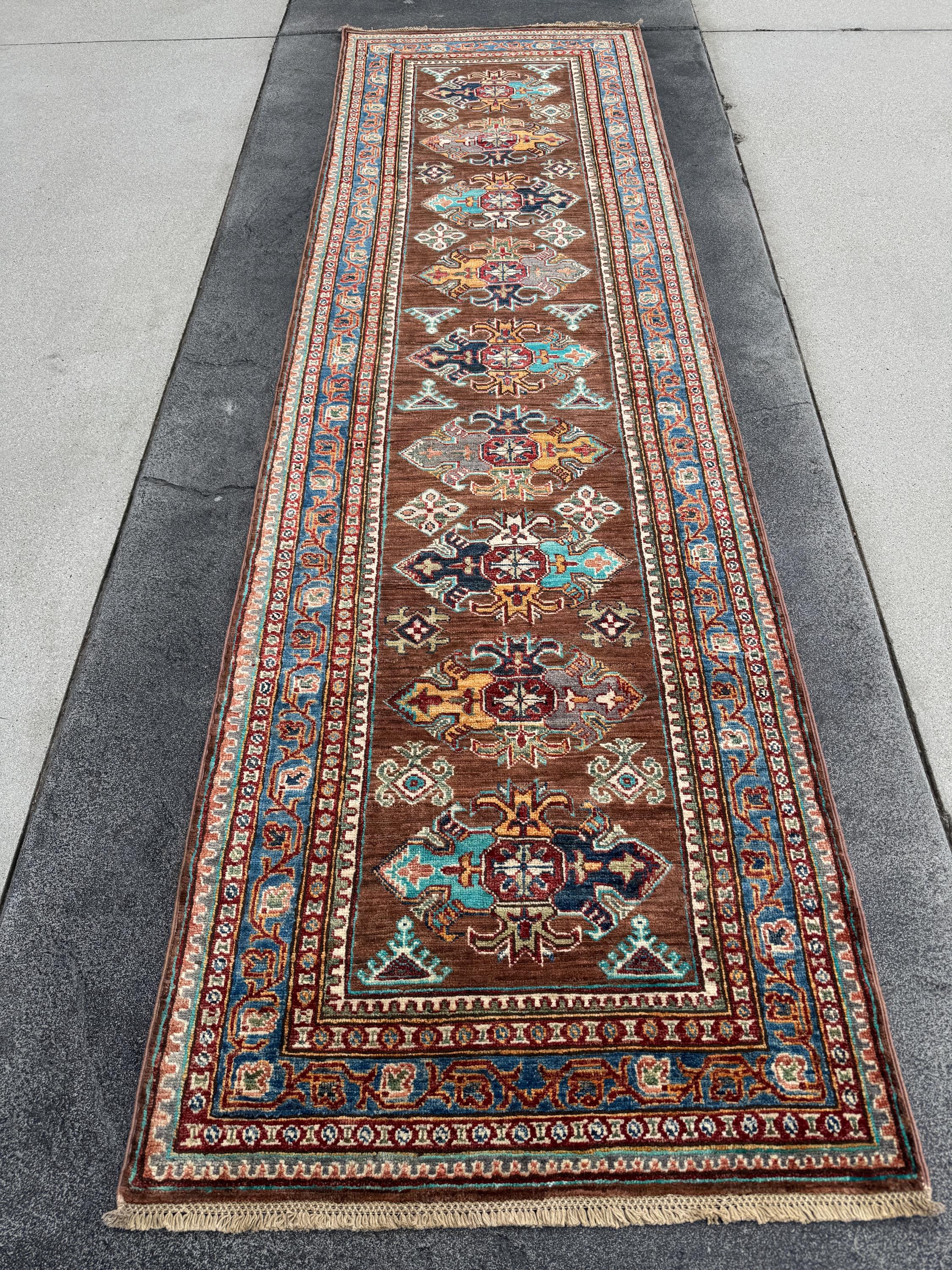 3x10 Handmade Afghan Wool Runner | Brown Kazak Style Knotted Runner Rug | Tribal Hallway Runner