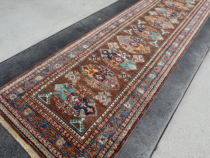 3x10 Handmade Afghan Wool Runner | Brown Kazak Style Knotted Runner Rug | Tribal Hallway Runner