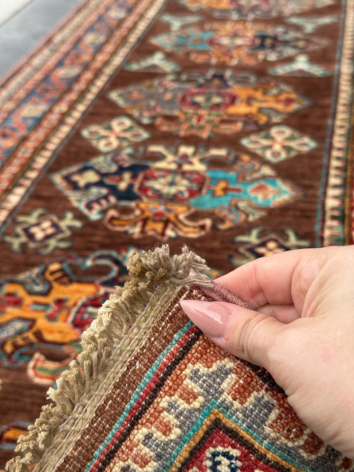 3x10 Handmade Afghan Wool Runner | Brown Kazak Style Knotted Runner Rug | Tribal Hallway Runner