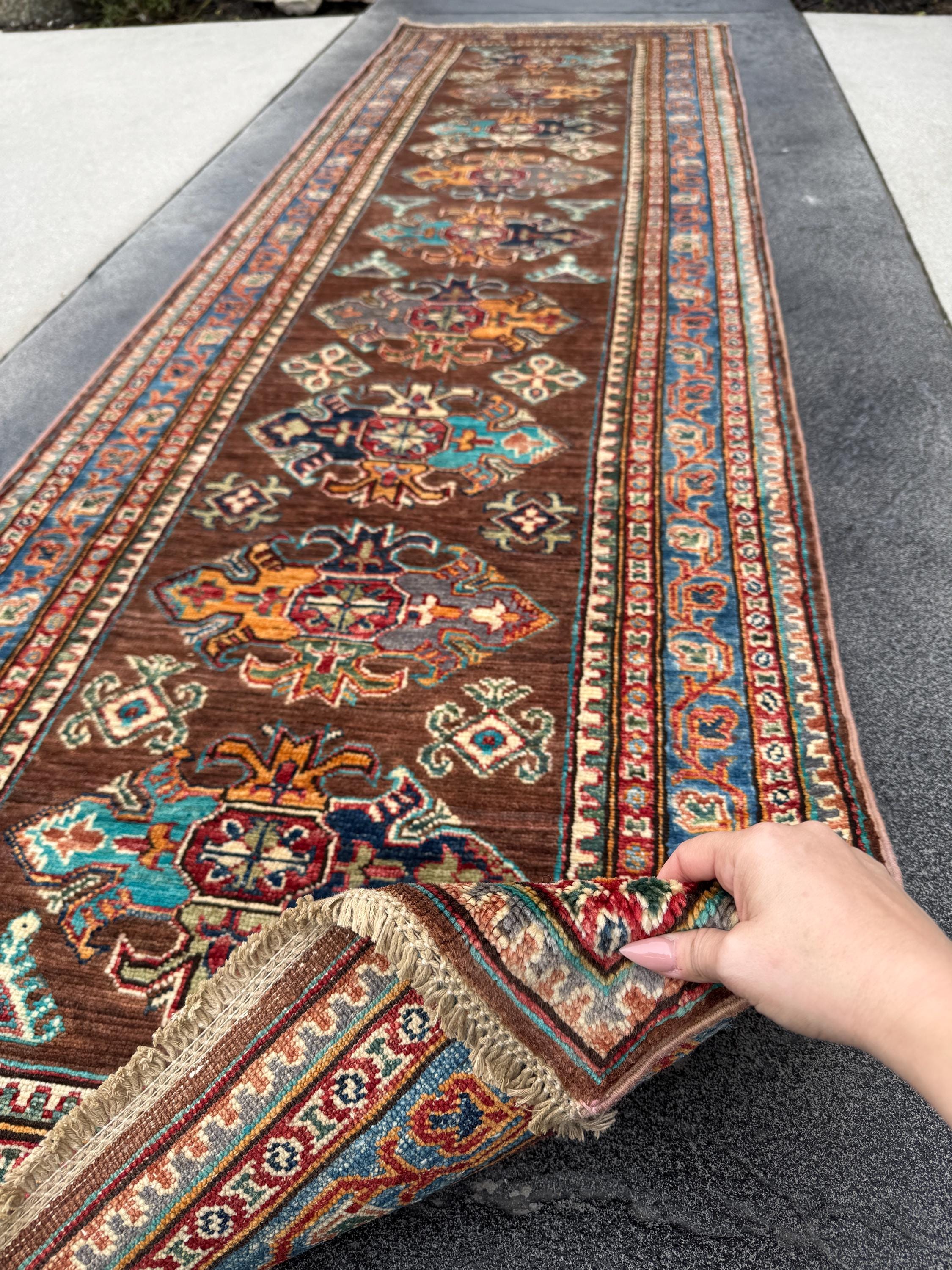3x10 Handmade Afghan Wool Runner | Brown Kazak Style Knotted Runner Rug | Tribal Hallway Runner