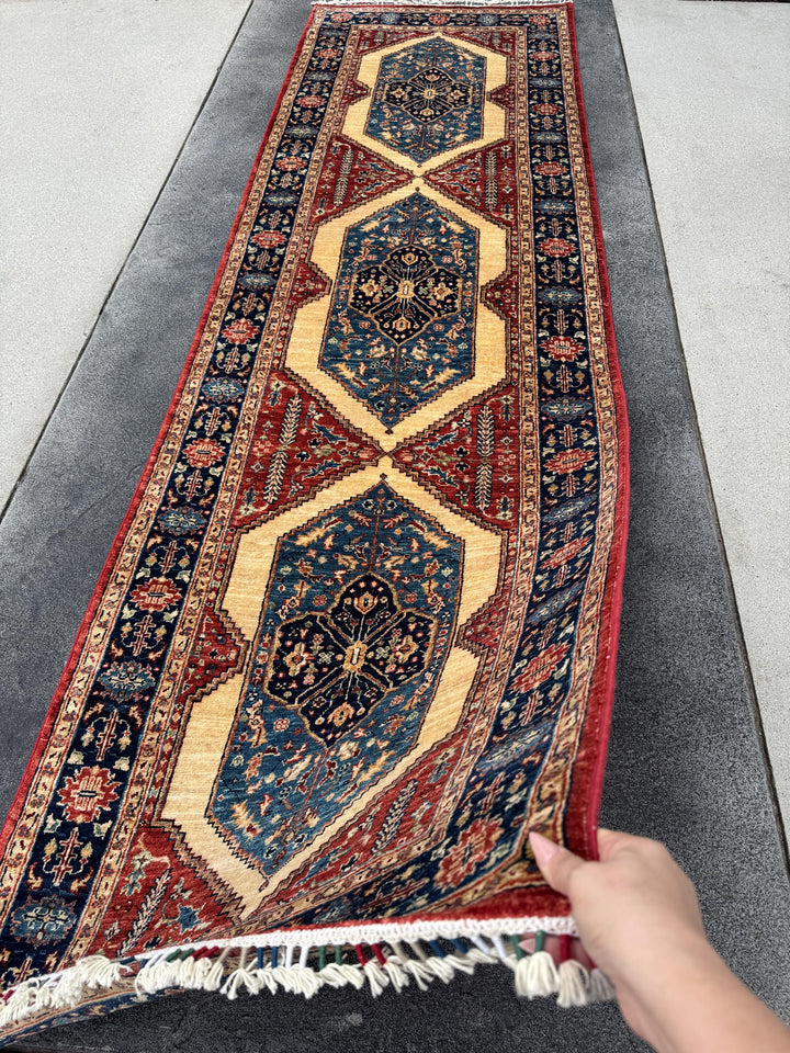3x10 Handmade Afghan Wool Runner | Tribal Medallion Rug | Red Blue Hallway Runner