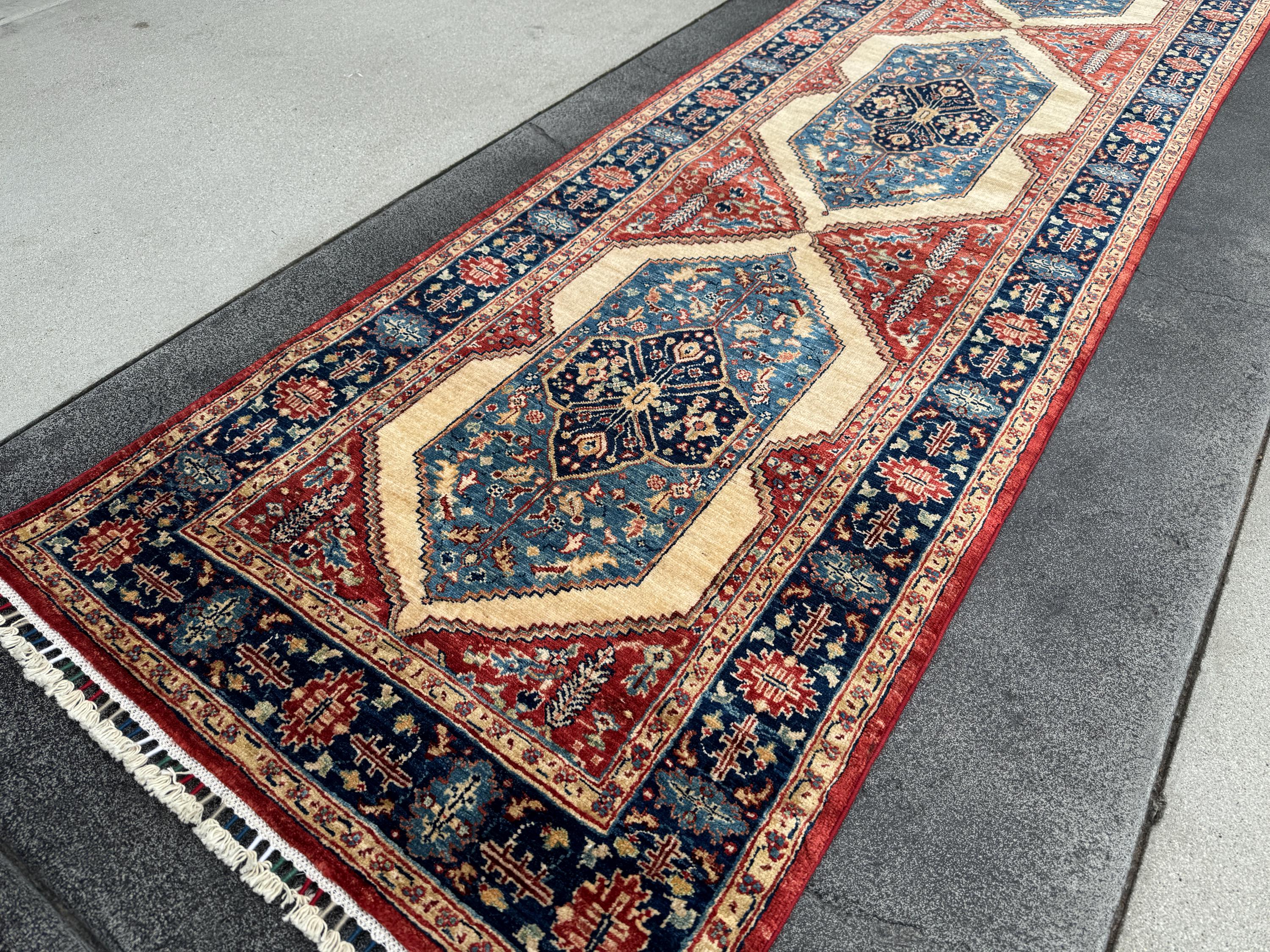3x10 Handmade Afghan Wool Runner | Tribal Medallion Rug | Red Blue Hallway Runner