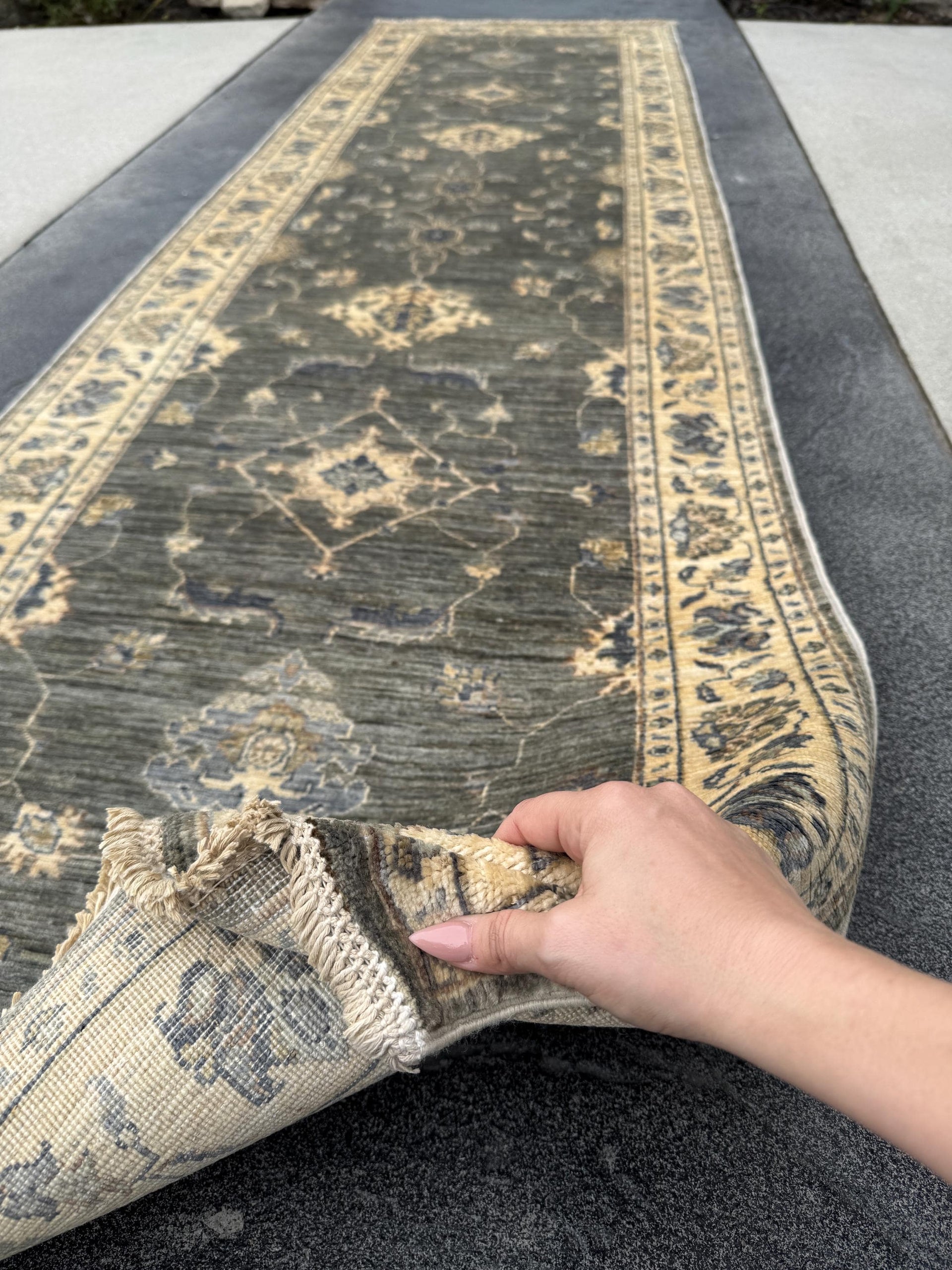 3x10 Handmade Afghan Wool Runner Rug | Traditional Floral Medallion | Slate Grey And Blue