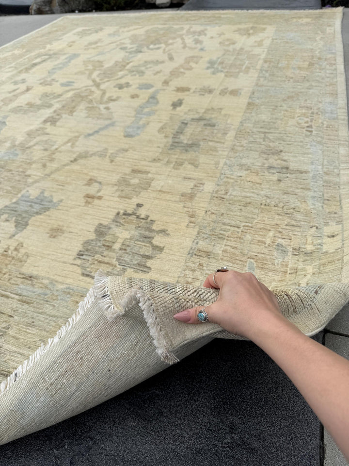 11x14 Handmade Afghan Wool Rug | Neutral Oushak Design | Beige And Soft Blue Traditional Carpet
