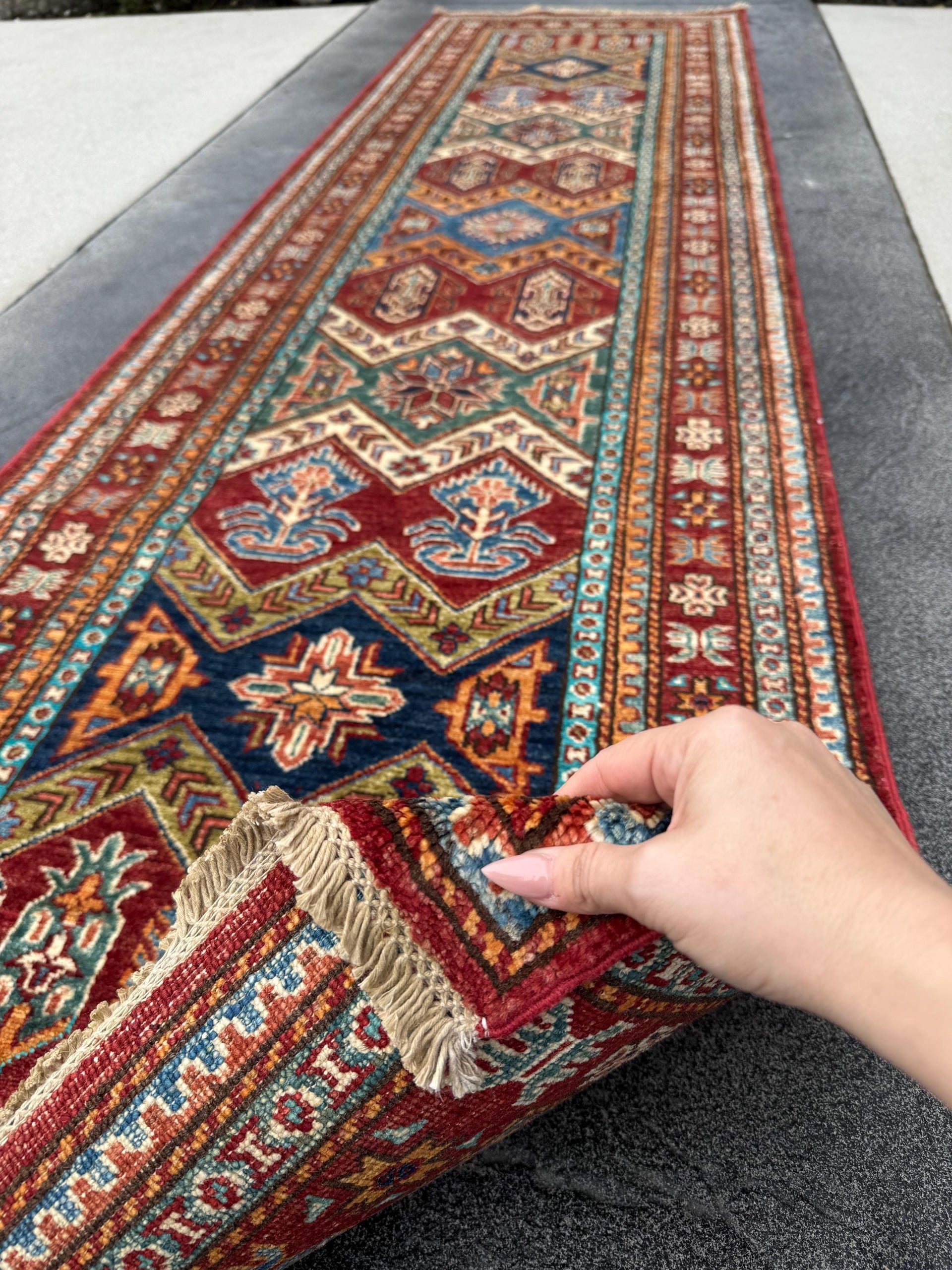 3x10 Handmade Afghan Wool Runner | Tribal Kazak Style Runner Rug | Red Blue Hallway Runner