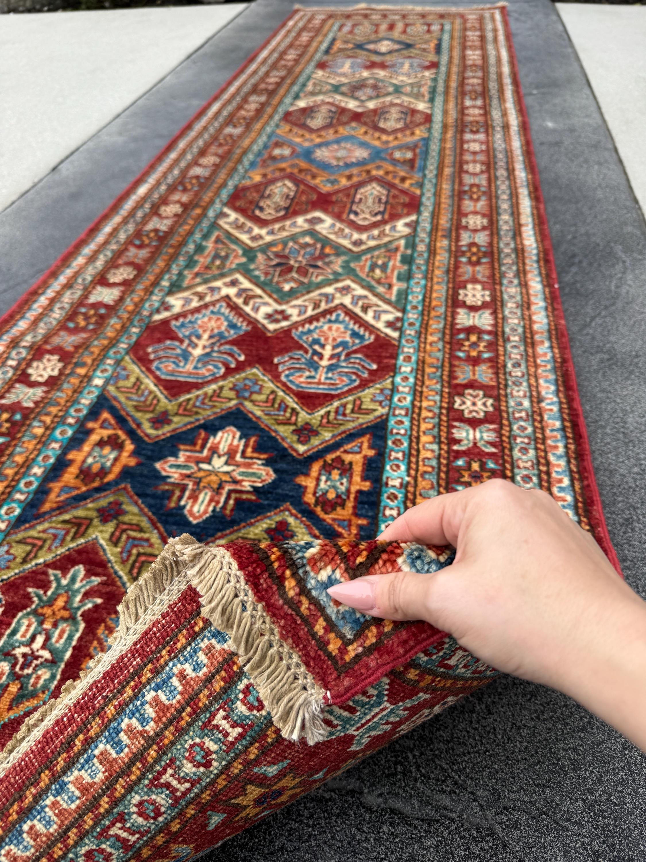 3x10 Handmade Afghan Wool Runner | Tribal Kazak Style Runner Rug | Red Blue Hallway Runner