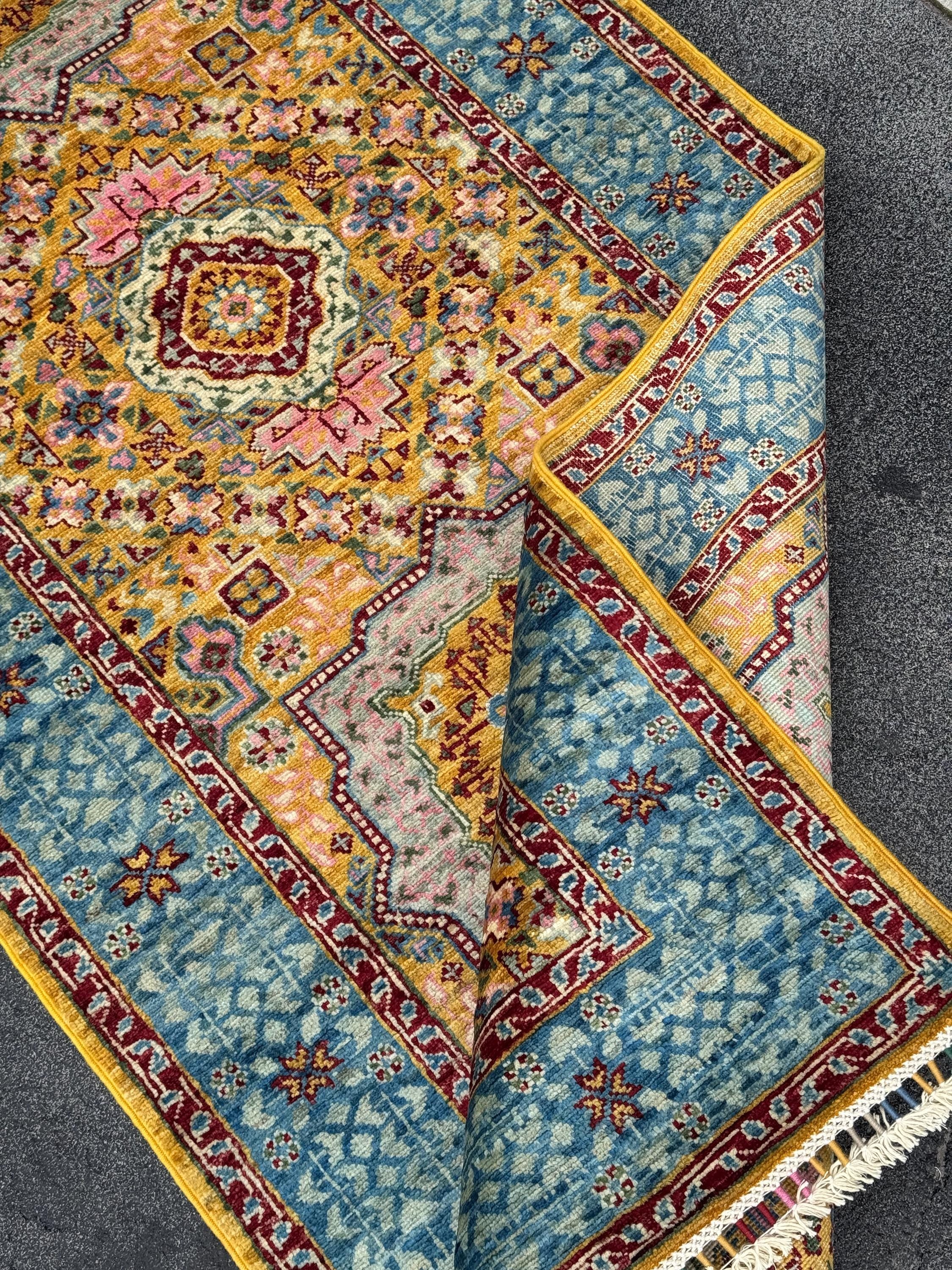 3x10 Handmade Afghan Wool Runner Rug | Traditional Medallion Design | Powder Blue And Gold