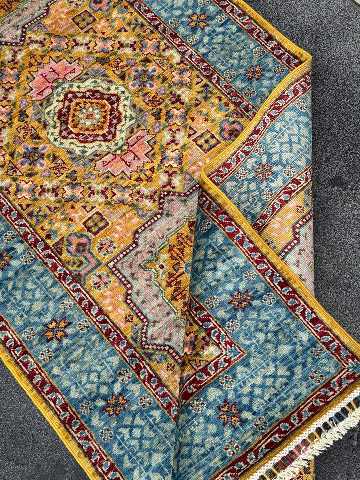 3x10 Handmade Afghan Wool Runner Rug | Traditional Medallion Design | Powder Blue And Gold