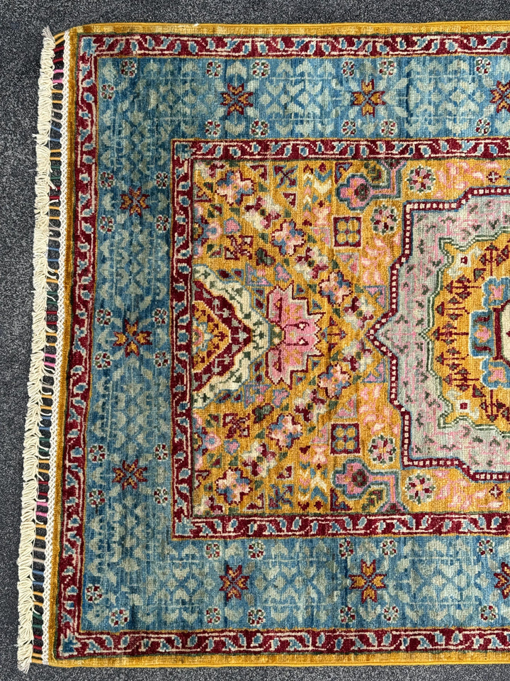 3x10 Handmade Afghan Wool Runner Rug | Traditional Medallion Design | Powder Blue And Gold
