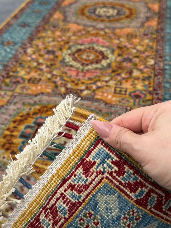 3x10 Handmade Afghan Wool Runner Rug | Traditional Medallion Design | Powder Blue And Gold