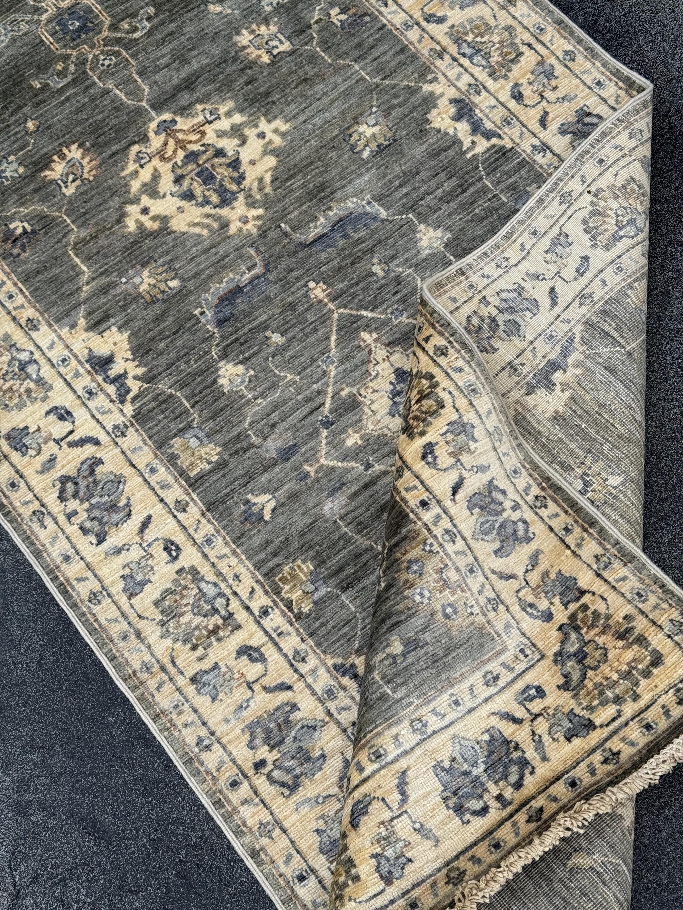 3x10 Handmade Afghan Wool Runner Rug | Traditional Floral Medallion | Slate Grey And Blue