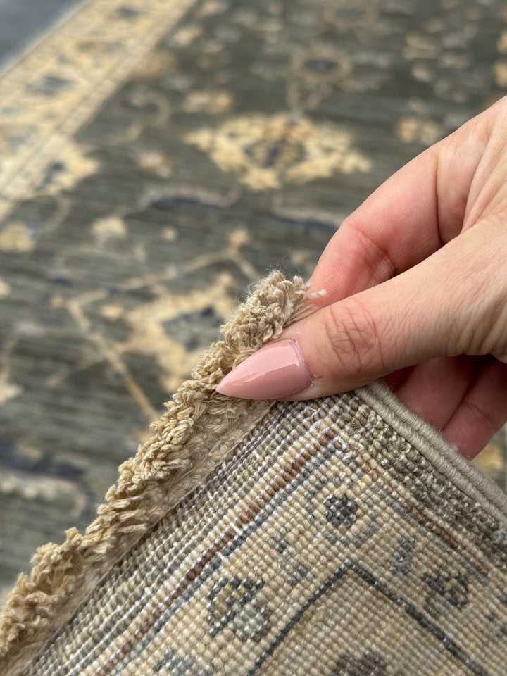 3x10 Handmade Afghan Wool Runner Rug | Traditional Floral Medallion | Slate Grey And Blue