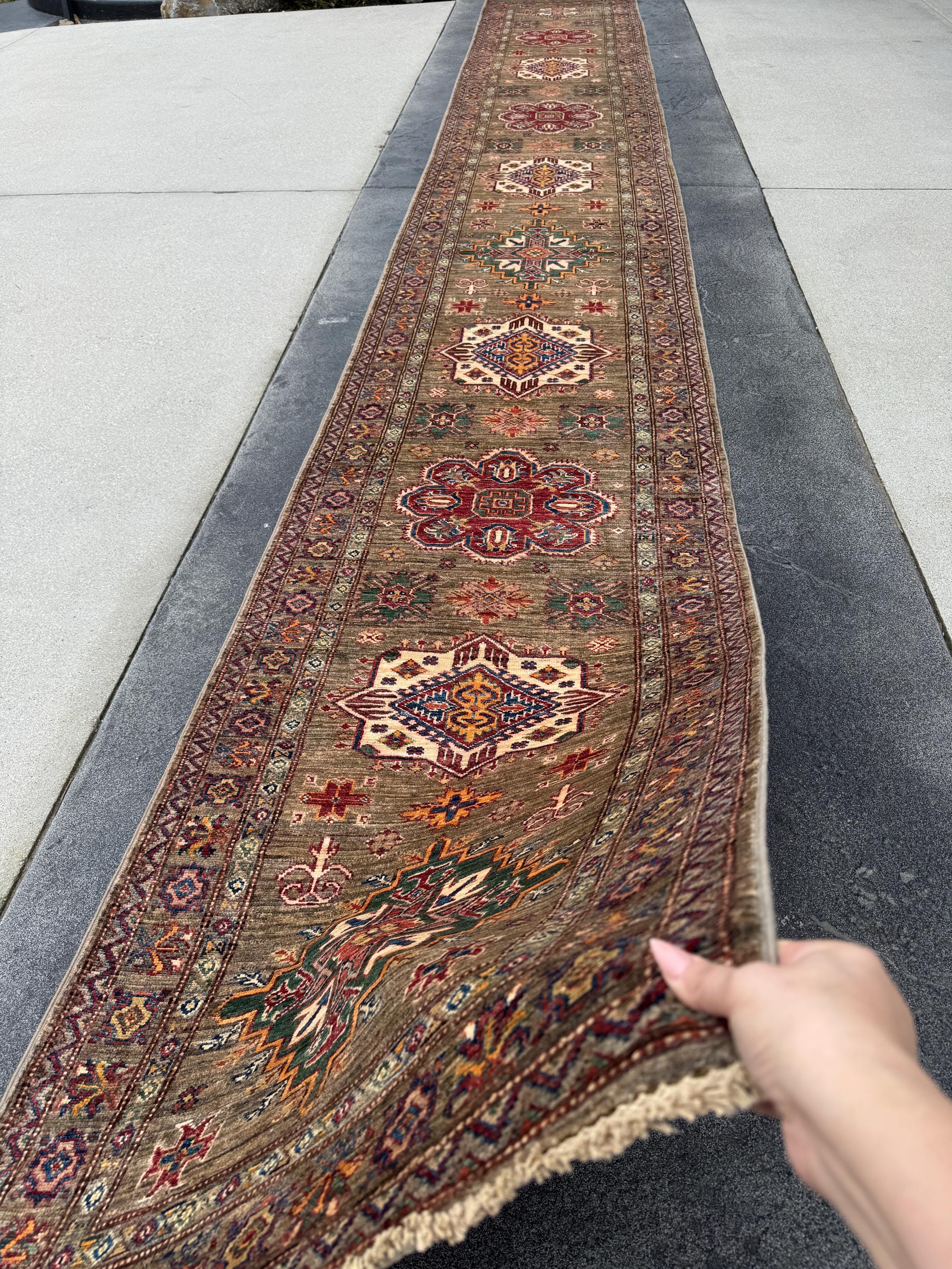 3x20 Handmade Afghan Wool Runner Rug | Traditional Kazak Geometric Medallion | Taupe And Tan