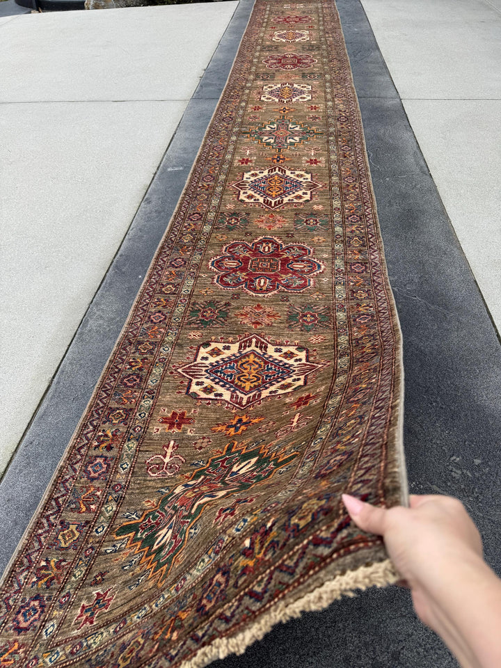 3x20 Handmade Afghan Wool Runner Rug | Traditional Kazak Geometric Medallion | Taupe And Tan