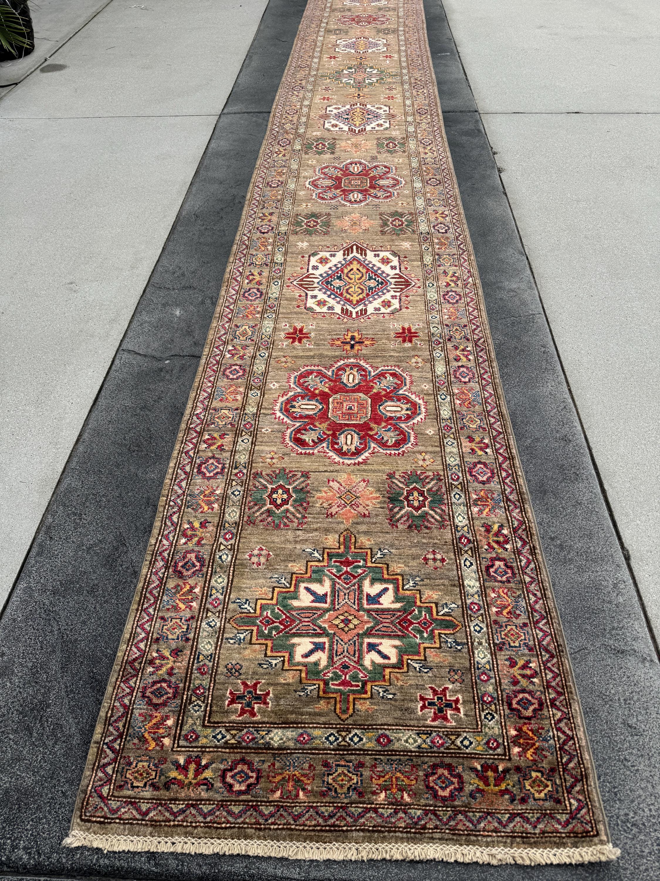 3x20 Handmade Afghan Wool Runner Rug | Traditional Kazak Geometric Medallion | Taupe And Tan
