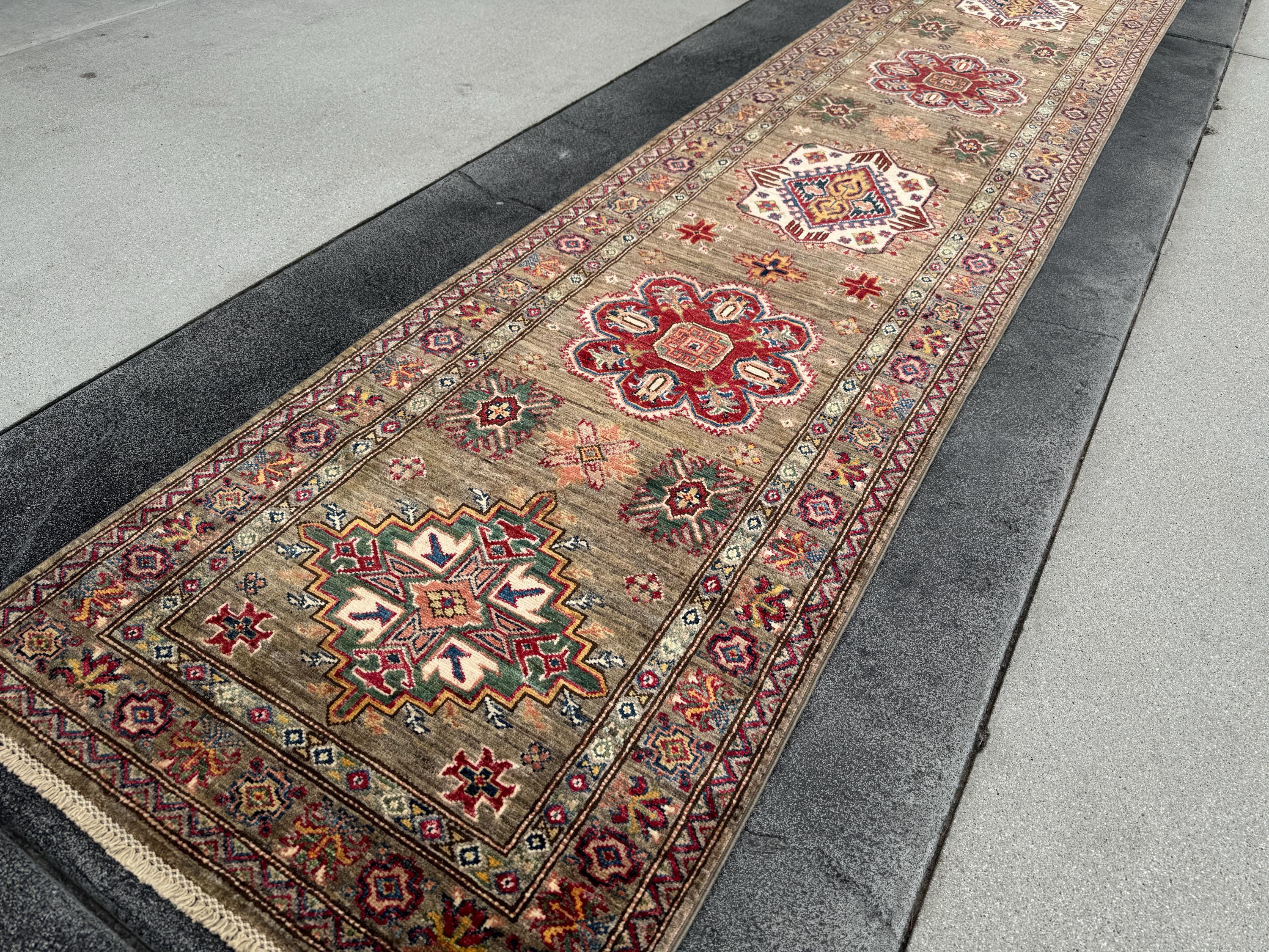 3x20 Handmade Afghan Wool Runner Rug | Traditional Kazak Geometric Medallion | Taupe And Tan