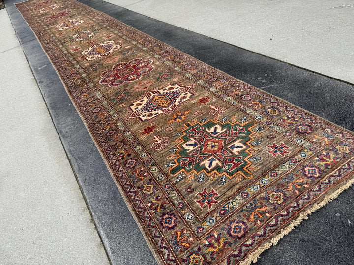 3x20 Handmade Afghan Wool Runner Rug | Traditional Kazak Geometric Medallion | Taupe And Tan