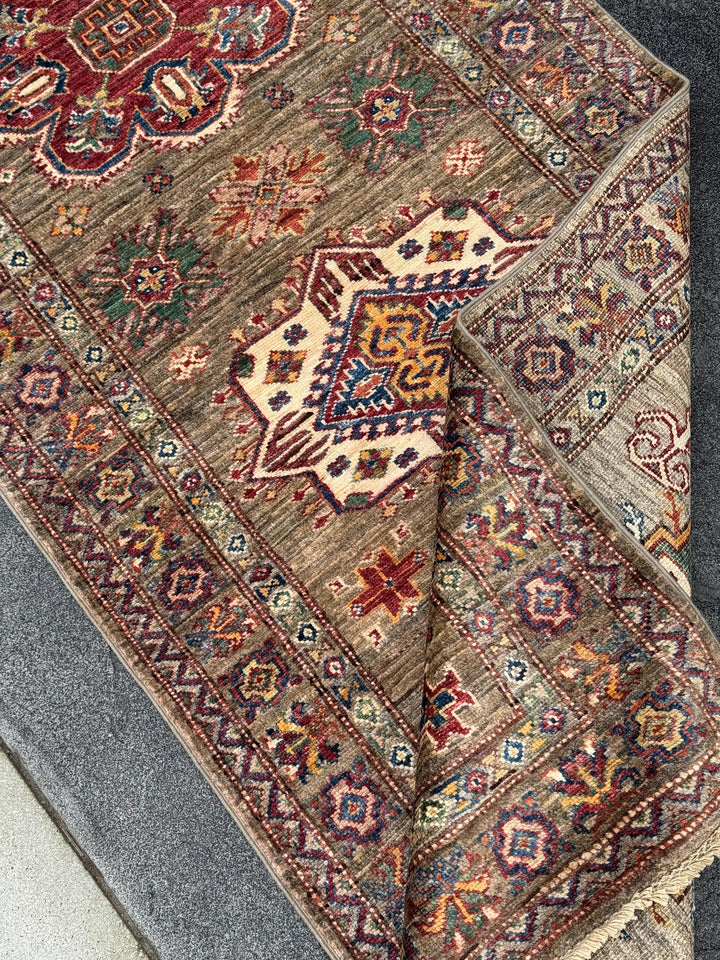 3x20 Handmade Afghan Wool Runner Rug | Traditional Kazak Geometric Medallion | Taupe And Tan