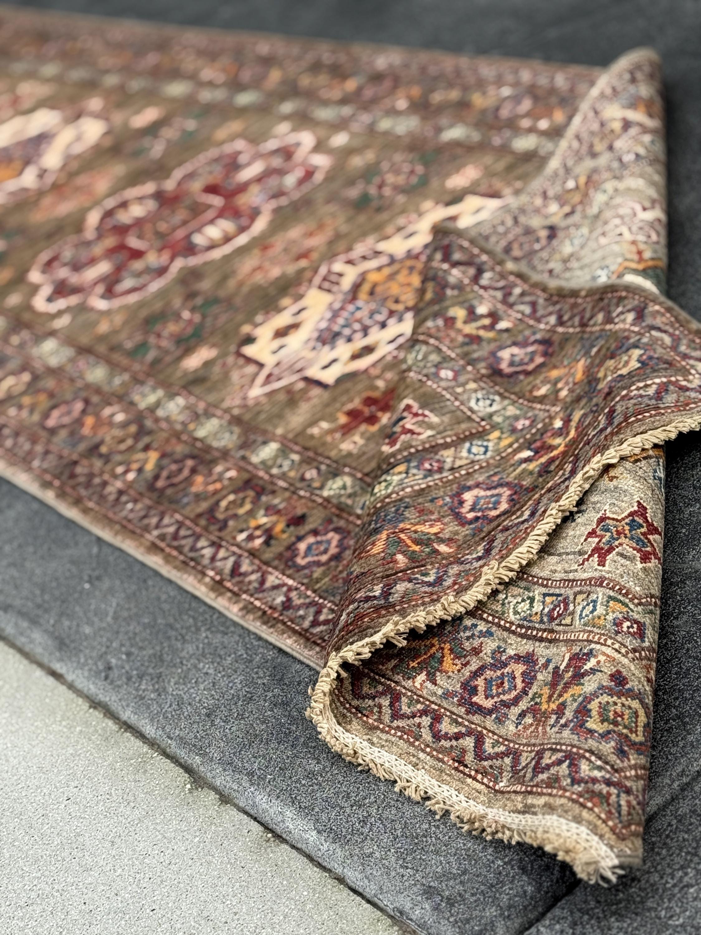 3x20 Handmade Afghan Wool Runner Rug | Traditional Kazak Geometric Medallion | Taupe And Tan