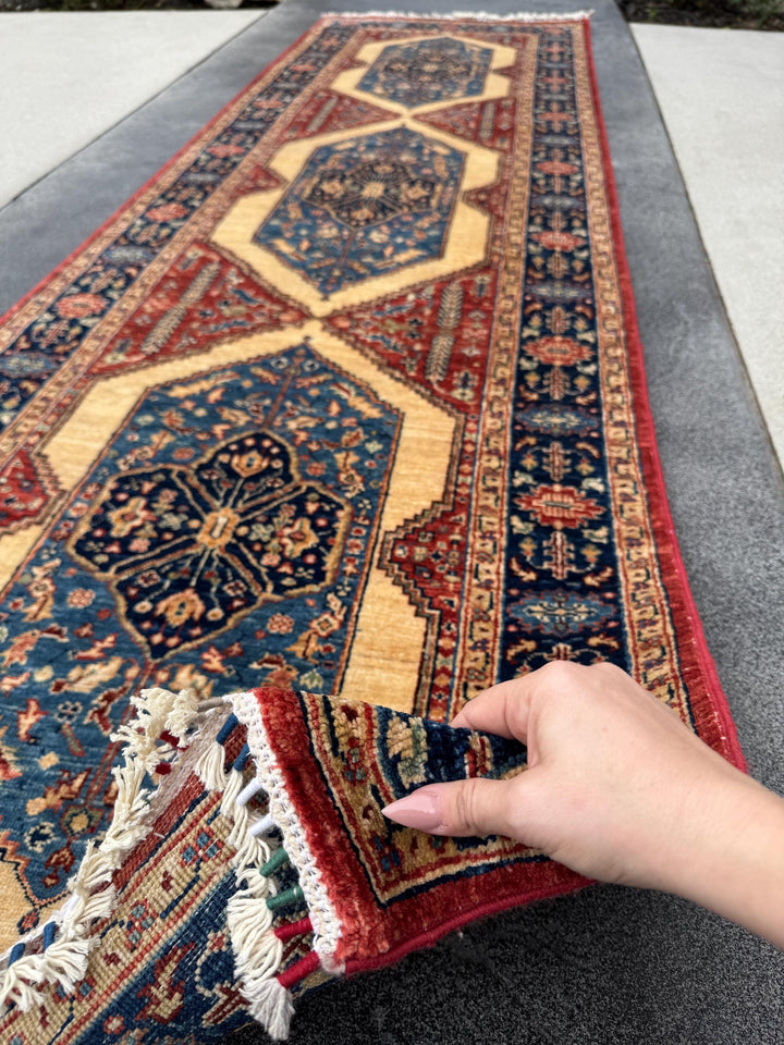 3x10 Handmade Afghan Wool Runner | Tribal Medallion Runner Rug | Red Blue Hallway Runner