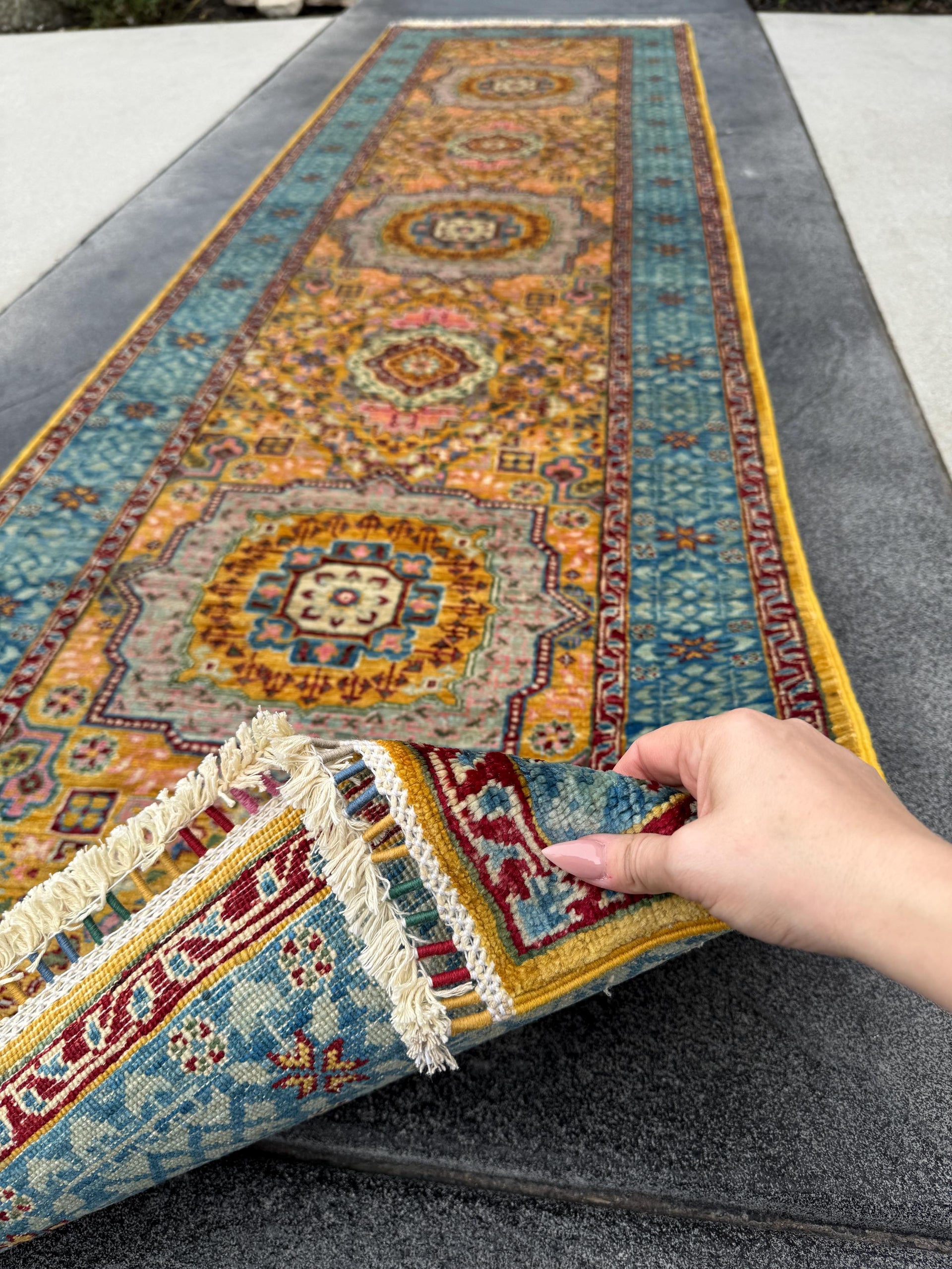 3x10 Handmade Afghan Wool Runner Rug | Traditional Medallion Design | Powder Blue And Gold
