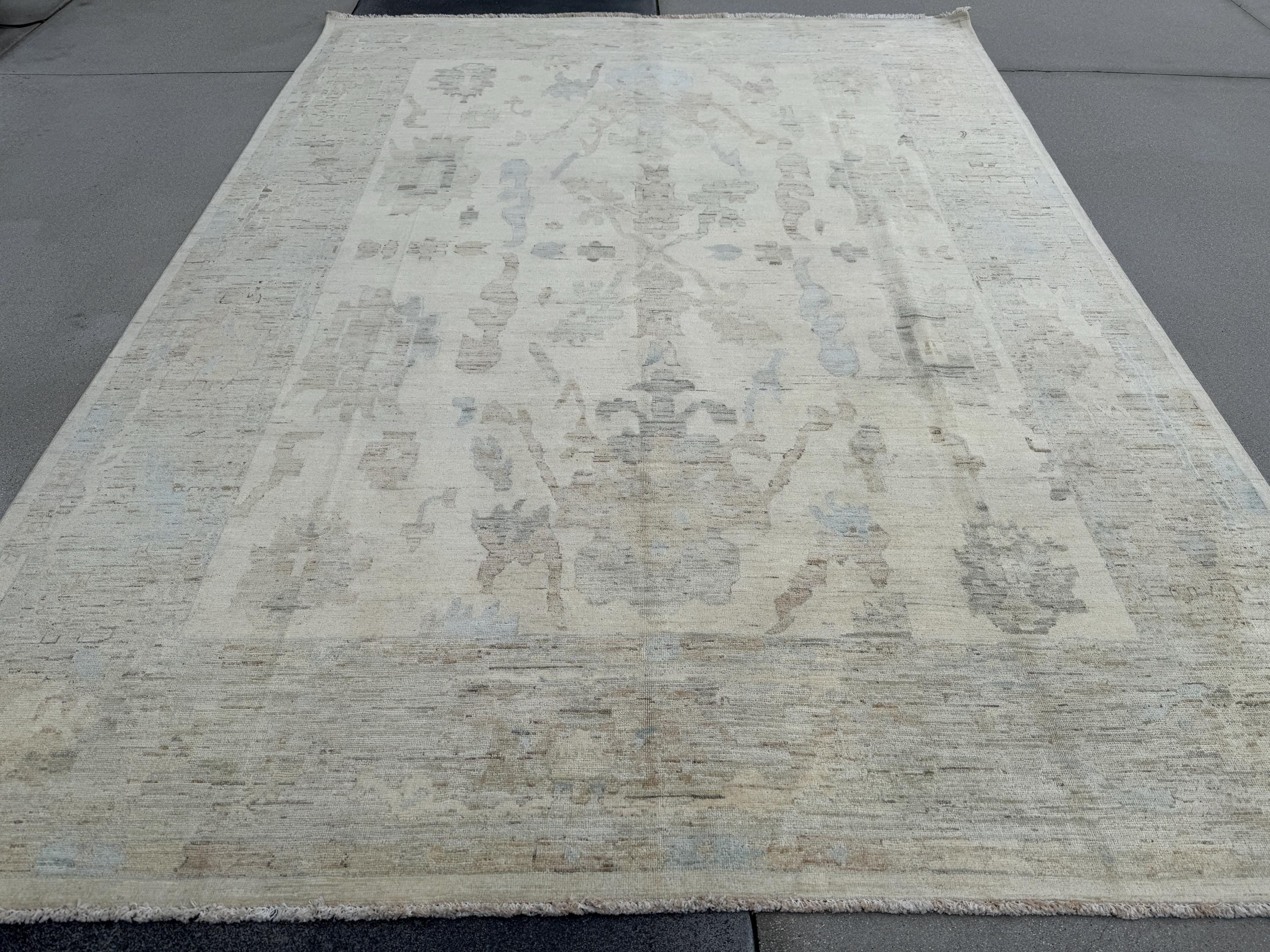 11x14 Handmade Afghan Wool Rug | Neutral Oushak Design | Beige And Soft Blue Traditional Carpet