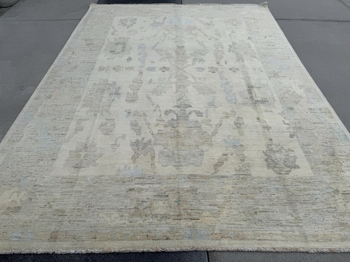 11x14 Handmade Afghan Wool Rug | Neutral Oushak Design | Beige And Soft Blue Traditional Carpet