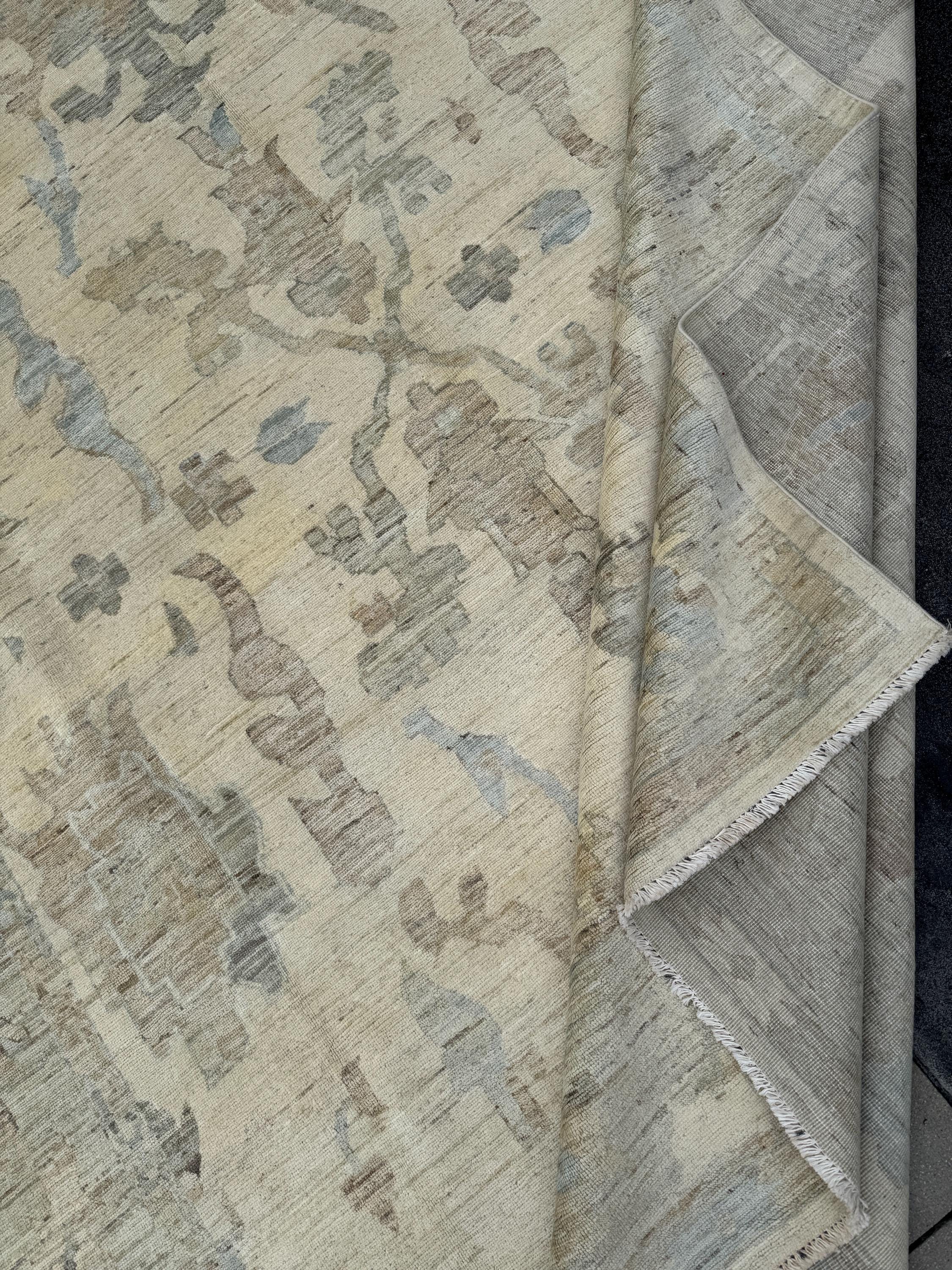 11x14 Handmade Afghan Wool Rug | Neutral Oushak Design | Beige And Soft Blue Traditional Carpet