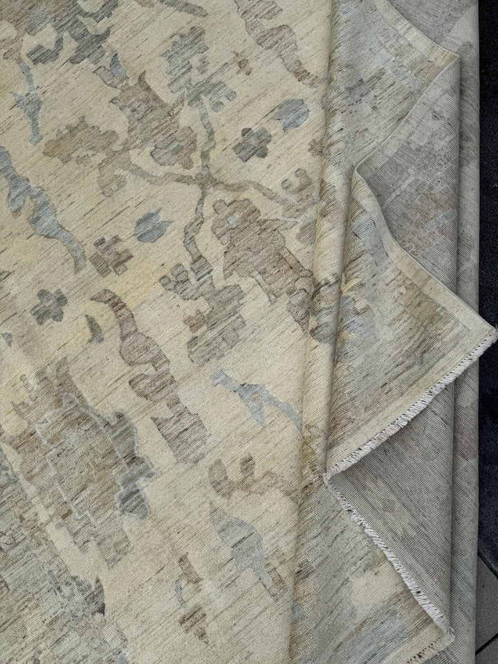 11x14 Handmade Afghan Wool Rug | Neutral Oushak Design | Beige And Soft Blue Traditional Carpet