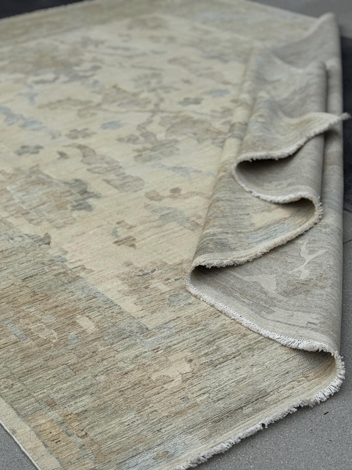 11x14 Handmade Afghan Wool Rug | Neutral Oushak Design | Beige And Soft Blue Traditional Carpet
