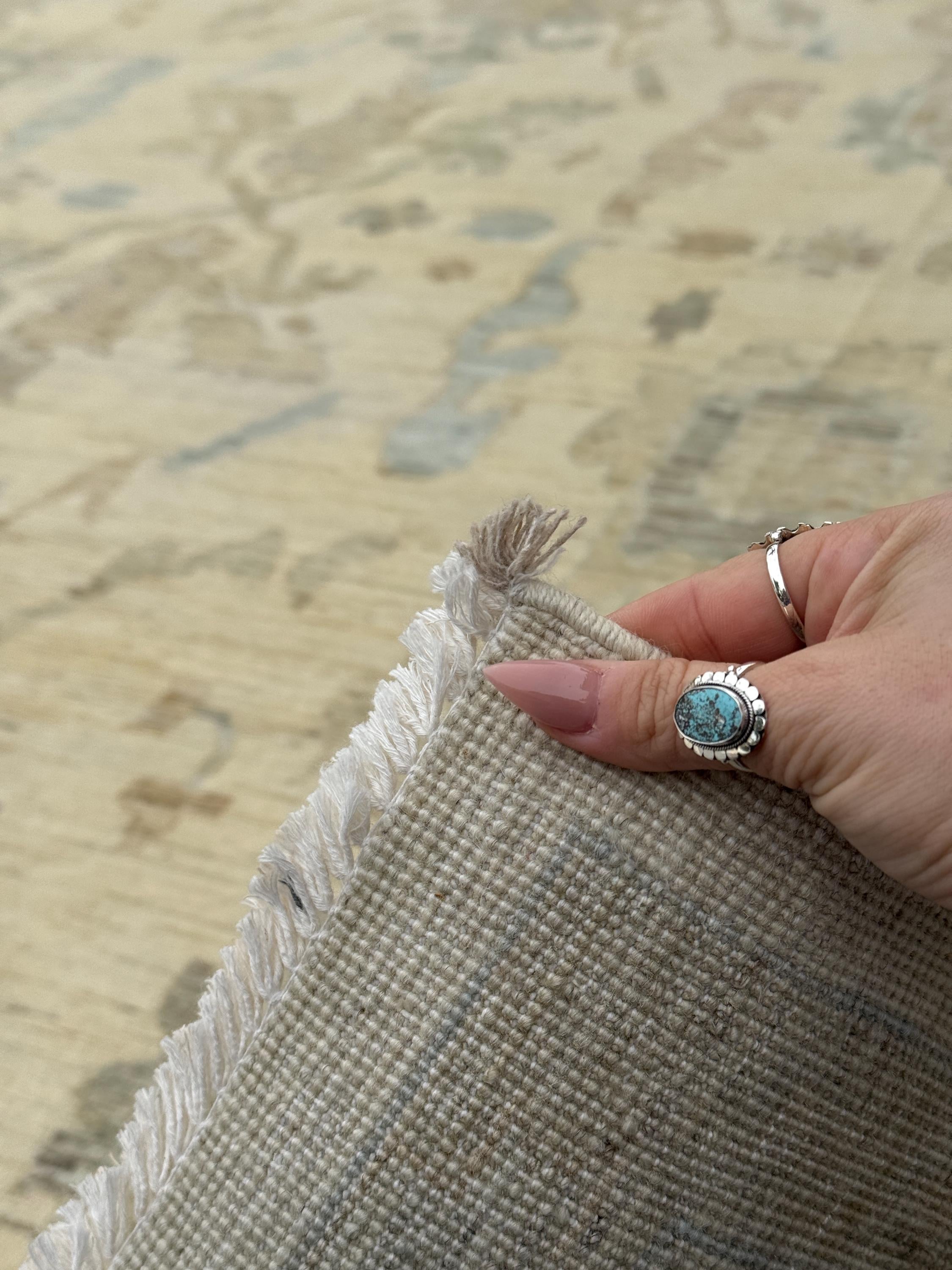 11x14 Handmade Afghan Wool Rug | Neutral Oushak Design | Beige And Soft Blue Traditional Carpet