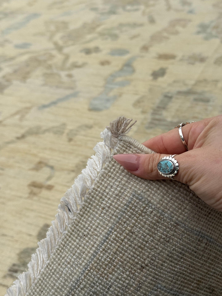 11x14 Handmade Afghan Wool Rug | Neutral Oushak Design | Beige And Soft Blue Traditional Carpet