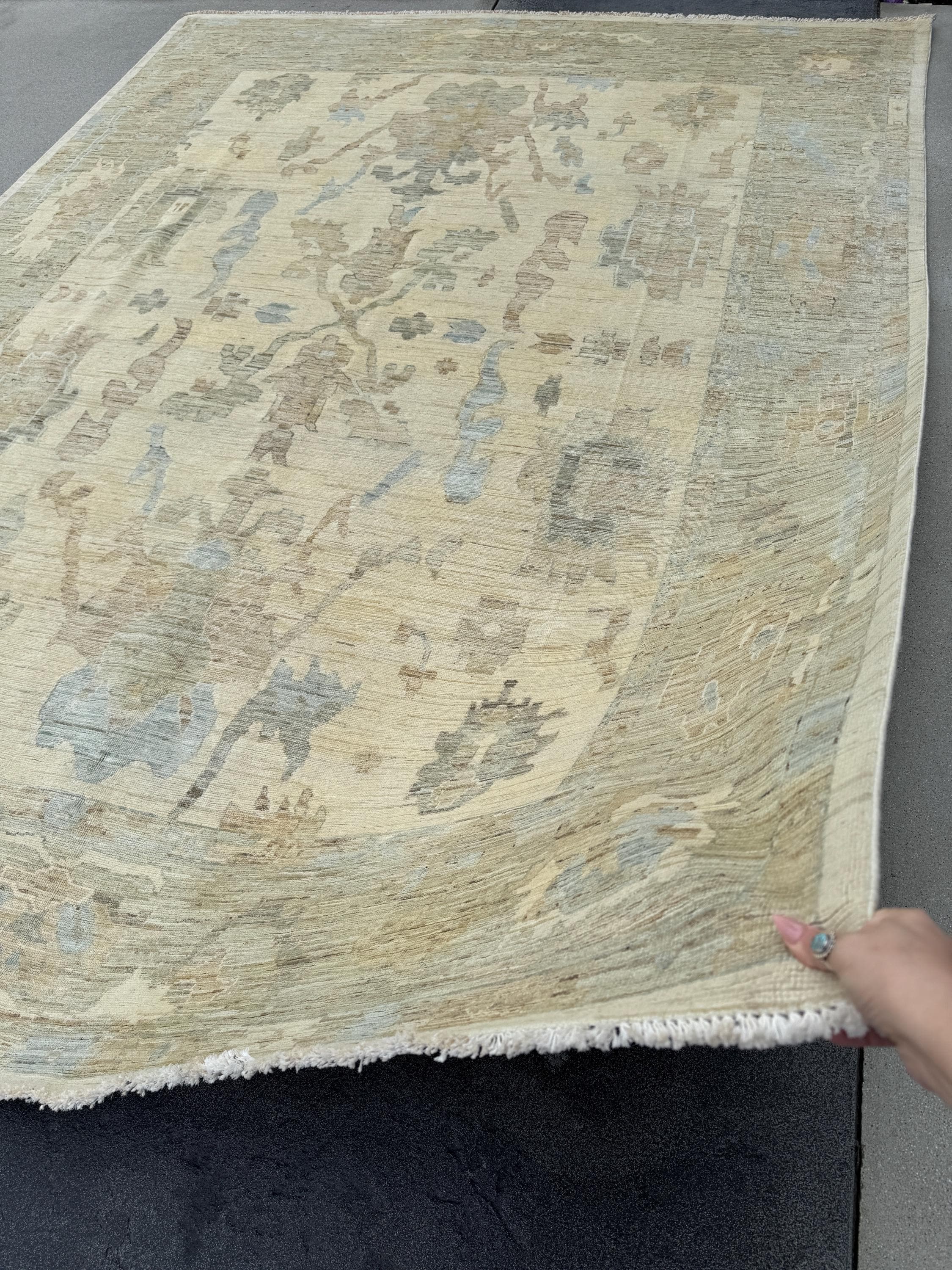 9x12 Handmade Afghan Wool Rug | Neutral Oushak Design | Beige And Soft Blue Traditional Carpet