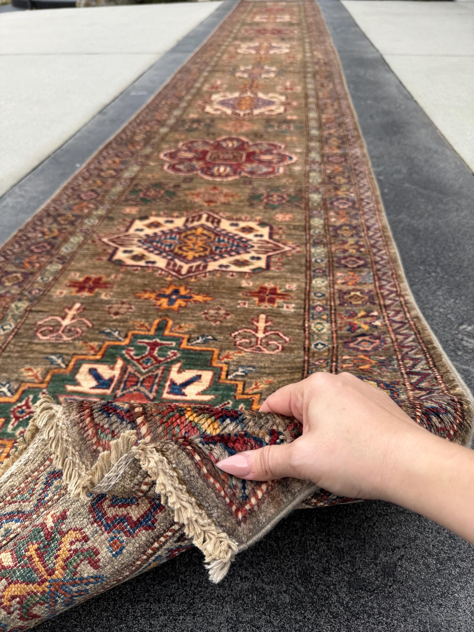 3x20 Handmade Afghan Wool Runner Rug | Traditional Kazak Geometric Medallion | Taupe And Tan
