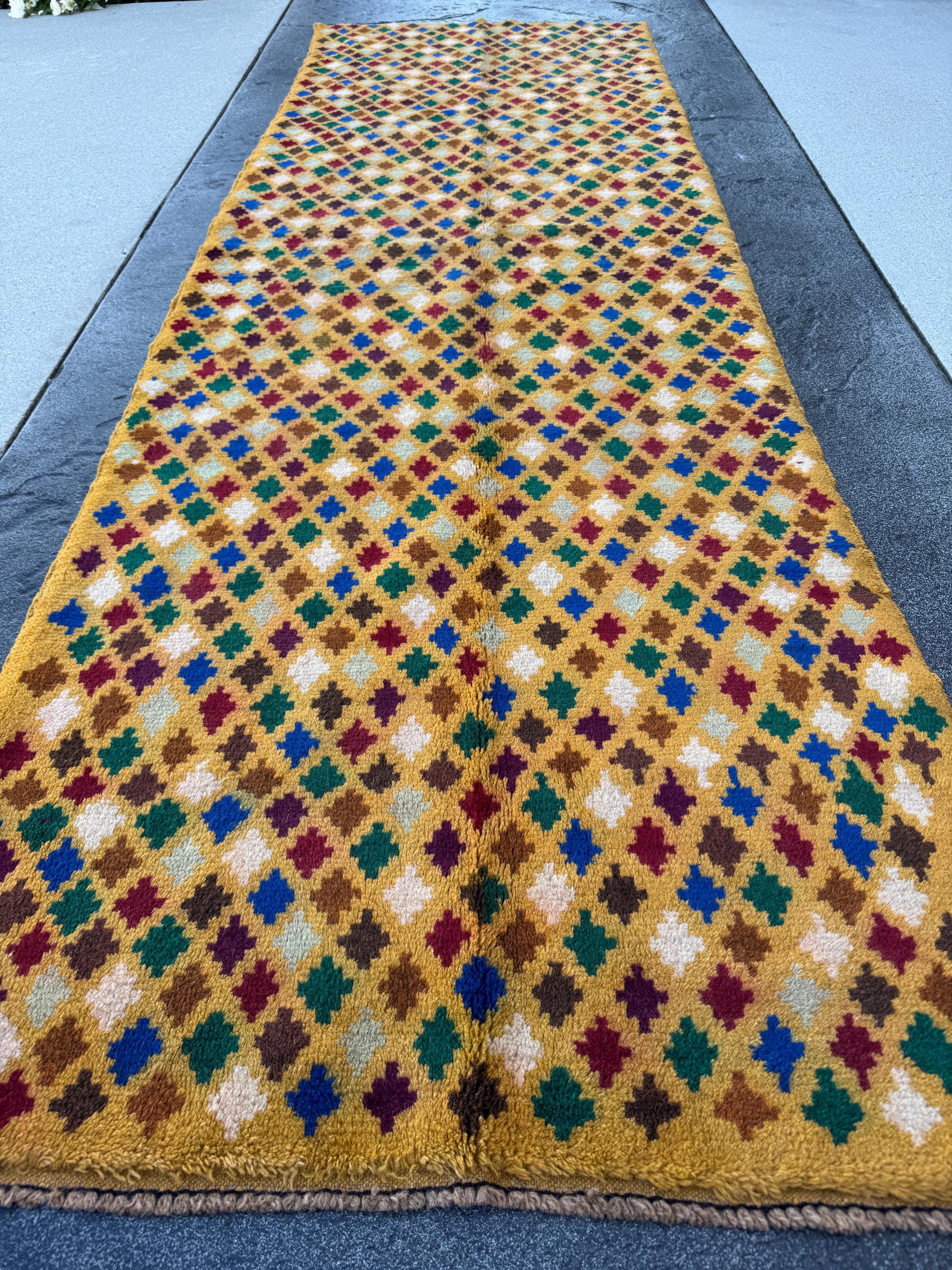 3x9 Handmade Vintage Baluch Afghan Runner Rug | Mustard Caramel Golden Red Ivory Royal Blue Pine Green Peach Tribal Oriental Boho Geometric