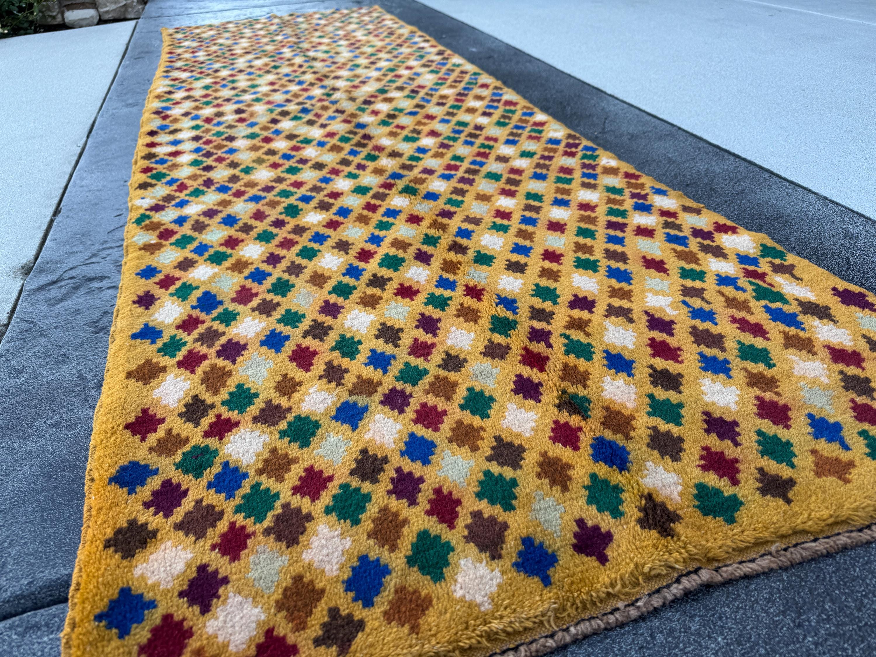 3x9 Handmade Vintage Baluch Afghan Runner Rug | Mustard Caramel Golden Red Ivory Royal Blue Pine Green Peach Tribal Oriental Boho Geometric
