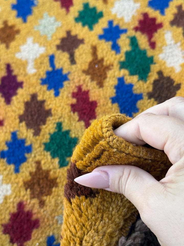 3x9 Handmade Vintage Baluch Afghan Runner Rug | Mustard Caramel Golden Red Ivory Royal Blue Pine Green Peach Tribal Oriental Boho Geometric