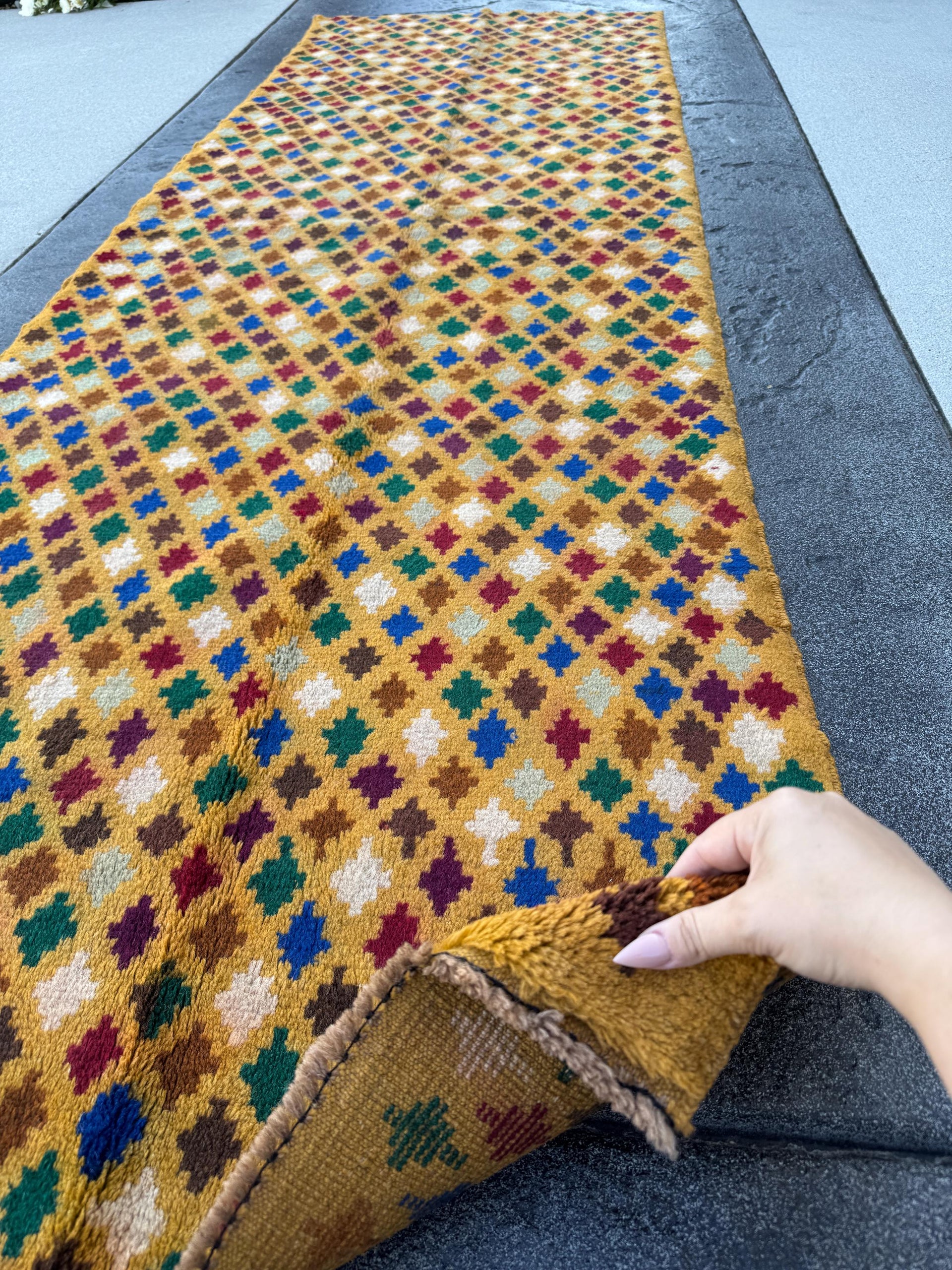 3x9 Handmade Vintage Baluch Afghan Runner Rug | Mustard Caramel Golden Red Ivory Royal Blue Pine Green Peach Tribal Oriental Boho Geometric