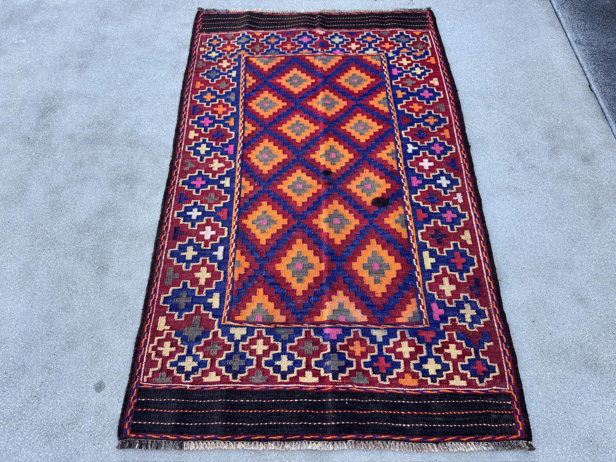 3x5 Handmade Vintage Afghan Kilim Rug | Crimson Scarlet Blood Red Black Pine Lime Green Yellow Orange Pink Royal Navy Baby Blue | Wool