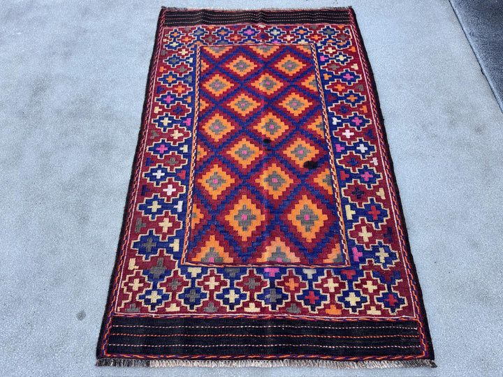 3x5 Handmade Vintage Afghan Kilim Rug | Crimson Scarlet Blood Red Black Pine Lime Green Yellow Orange Pink Royal Navy Baby Blue | Wool