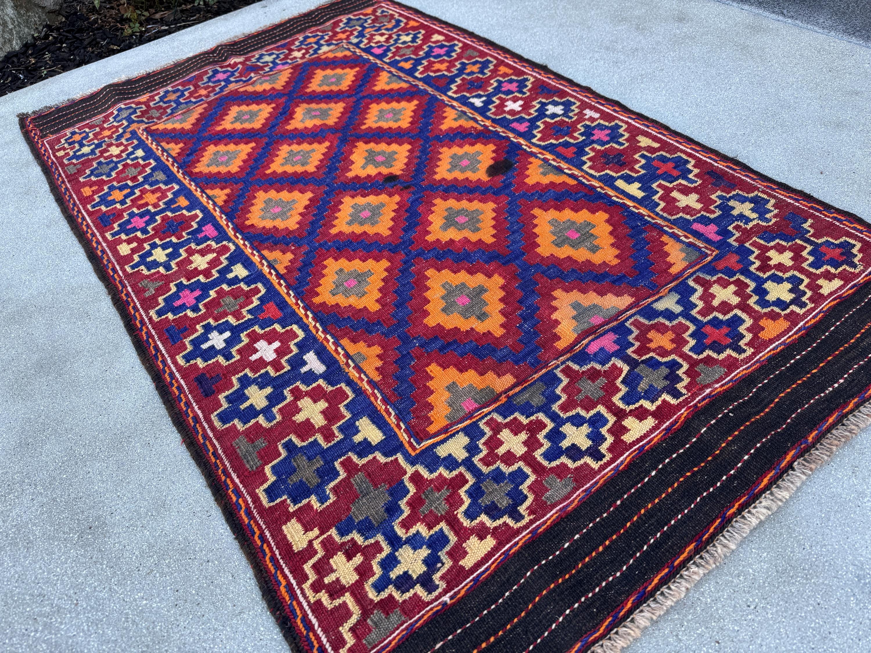 3x5 Handmade Vintage Afghan Kilim Rug | Crimson Scarlet Blood Red Black Pine Lime Green Yellow Orange Pink Royal Navy Baby Blue | Wool