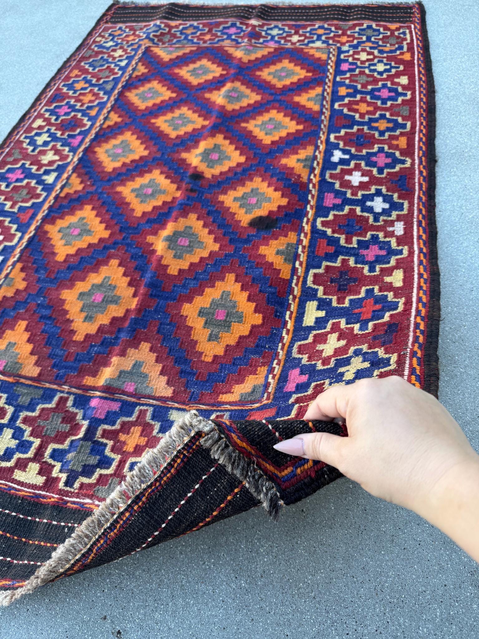 3x5 Handmade Vintage Afghan Kilim Rug | Crimson Scarlet Blood Red Black Pine Lime Green Yellow Orange Pink Royal Navy Baby Blue | Wool